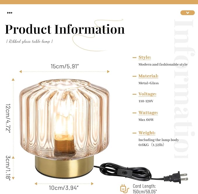Mid Century Table lamp of 2 Small Table Lamps with Touch Switch Amber Glass Table lamp Gold Desk lamp Modern nightstand lamp Bedside Table Lamps for Bedroom Living Room Office