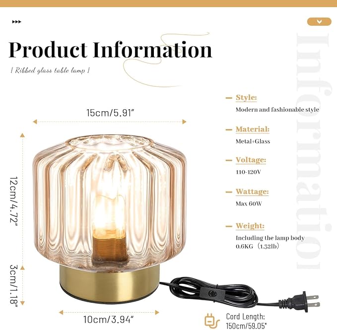 Mid Century Modern Table lamp Small Table Lamps with Touch Switch Amber Glass Table lamp Gold Desk lamp nightstand lamp Bedside Table Lamps for Bedroom Living Room Office