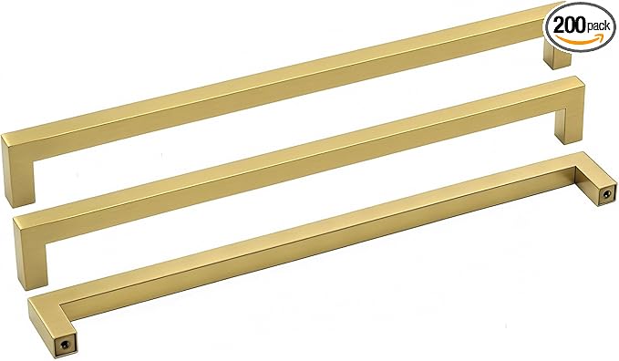goldenwarm 200 Pack Brushed Brass Cabinet Hardware Gold Drawer Pulls Gold Kitchen Hardware Handle for Dresser Square Closet Door Handle 12-3/5" Center to Center
