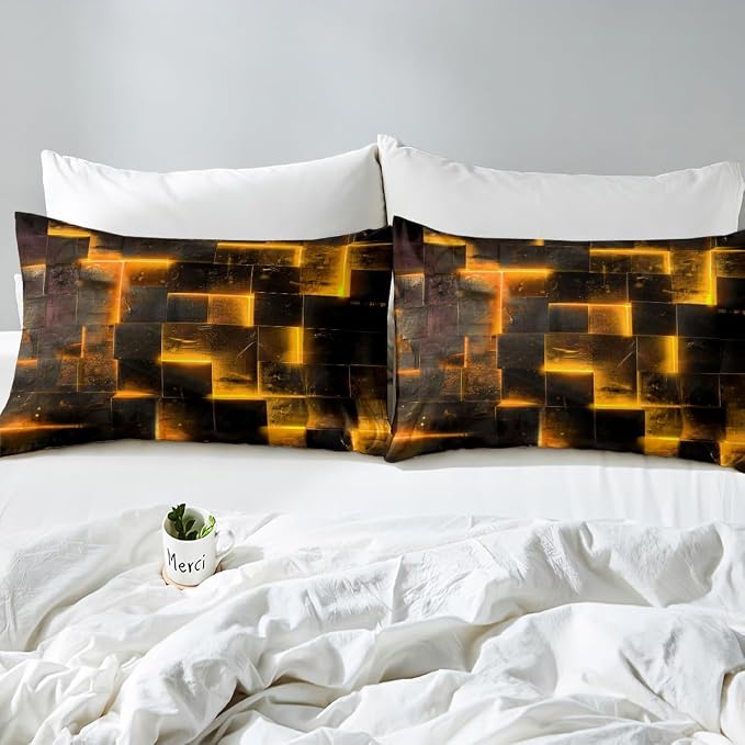 Erosebridal Black Orange Abstract Gradient Square Bed Set, Grid Twin Duvet Cover Neon Checkered Bedding Set Twin Glowing Plaid Bedspread Cover 3D Modern Room Decor 2pcs (Black Reversible)