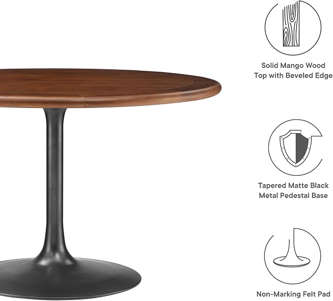 Modway Lippa 48 Inch Round Wood Dining Table with Metal Pedestal in Black Walnut - Modern Industrial Dining Table for 4 People - Solid Wood Tulip Kitchen Table