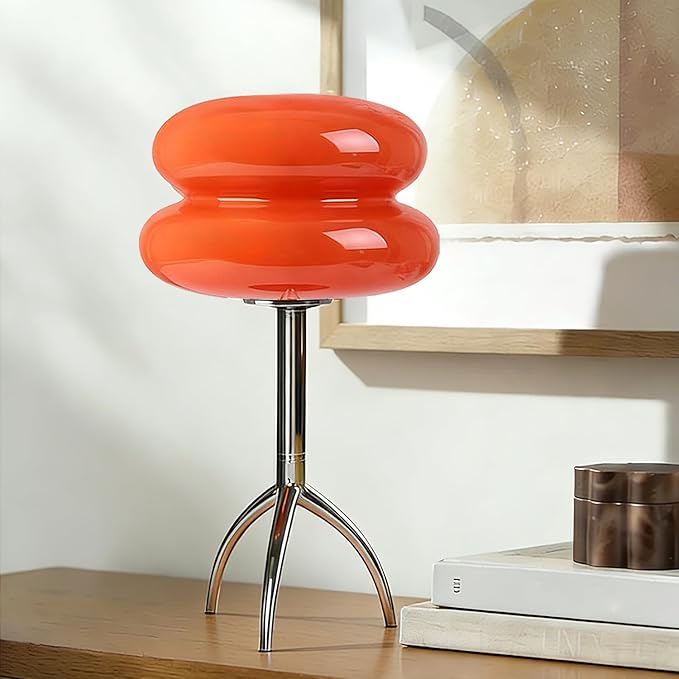 Orange Mushroom Table Lamp Chrome Tripod Base Bedside Lamp Mid Century Modern Lamp Bauhaus MCM Glass Nightstand Lamp for Bedroom Bathroom Livingroom