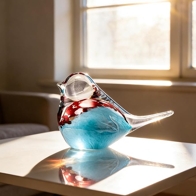 Blown Glass Birds - Glass Art Bird Decor, Hand Blown Glass Animal Figurines Paperweight for Home Shelf Decor