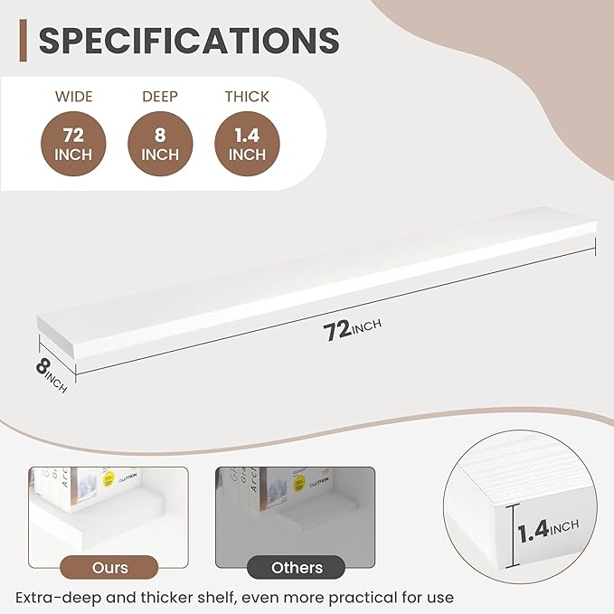72 Inch Floating Shelves, 8 Inch Deep Floating Shelves for Wall, Hanging Shelf with Invisible Brackets, Deep Shelves for Bathroom, Bedroom, Living Room, White, Set of 2
