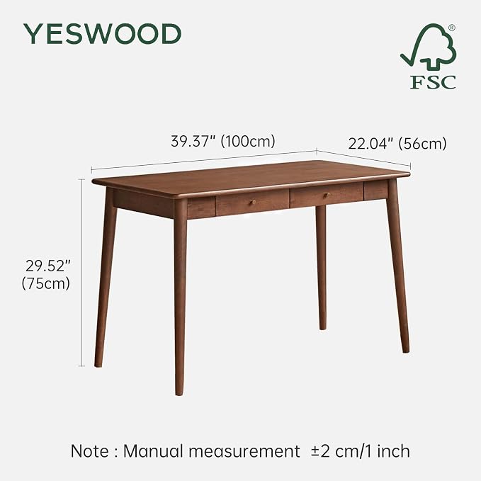 YESWOOD Solid Wood Desk, Mid Century Modern Home Office, Computer Desk with Drawers for Study Bedroom Living Room 39.37" W