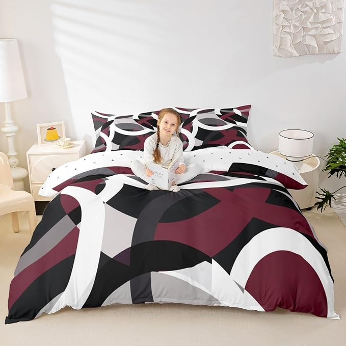 Geometric Circle Bedding Set Girls Boys Kids Modern Retro Grommet Comforter Cover Grey Red Black Stripe Line Art Duvet Cover Room Decor Abstract Stripes Swirl Bed Set Queen Size 3Pcs (No Comforter)