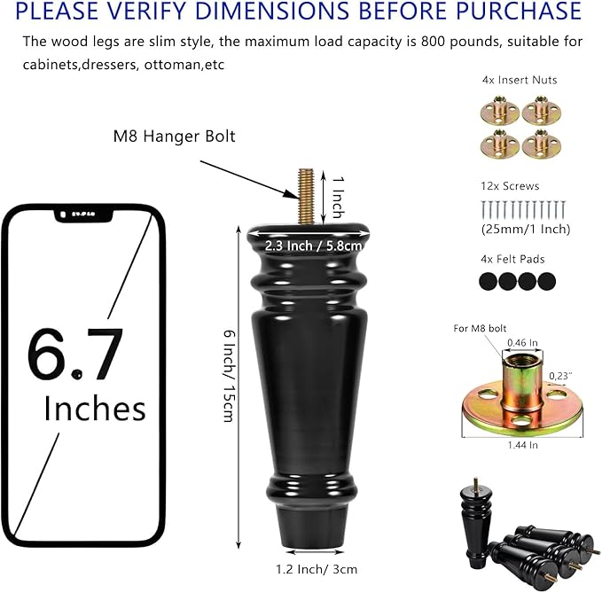 Maricome Furniture Legs 6 inch Set of 4 Pre-drilled M8 Bolt Wooden Replacement Bun Feet for Ottoman Chair Cabinet Dresser Black Screw in