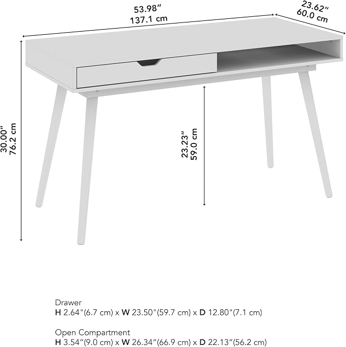 Bush Home Nora 54W Writing Desk with Storage in Pure White | Large Wooden Computer Table for Home Office, Study Room, or Entryway