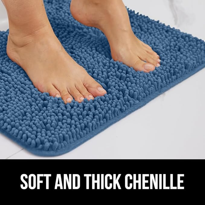 GORILLA GRIP Plush Absorbent Shaggy Chenille Bath Rug Mat for Square Toilet Base with Rubber Backing, Machine Washable Rugs, Soft Microfiber Contour Mats for Toilets, Bathroom Decor, Blue