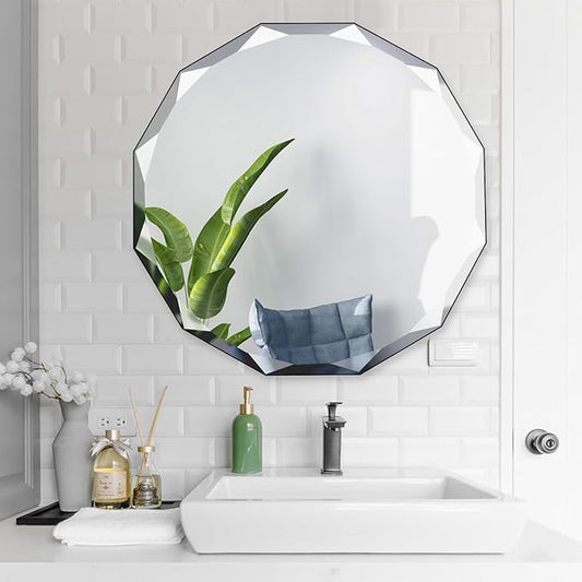 QDSSDECO 24" x 24"Beveled Edge Frameless Wall Mount Mirror, Irregular Shaped, Unique Vanity Mirror, Frameless Wall Mirror for Bathroom, Living Room, Bedroom, Entryway