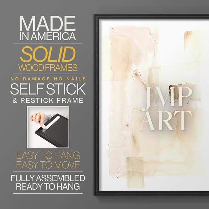 Renditions Gallery Set of 2 Peel & Stick Framed Prints, Abstract Wall Art, Mixed Handmade Oil Painting Wall Decor, Re-Stickable - Ready to Hang - 22"x28" - Black Frame LT588