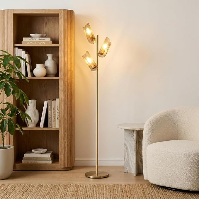 Brightech Lyra LED Tree Floor Lamp for Mid-Century Modern, Contemporary, Industrial Décor, 3 Light Head Standing Lamp with Metal Cage Shade, Standing Pole Tall Lamp for Living Room, Bedroom - Brass