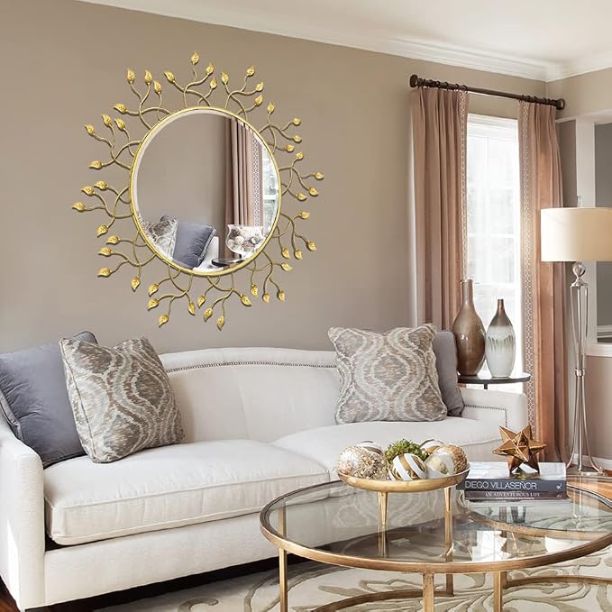 Chende 39" x 39" Gold Decorative Wall Mirror, Large Round Mirror with Metal Leaves, Gold Frame for Living Room, Entrance, Dining Room, Bedroom