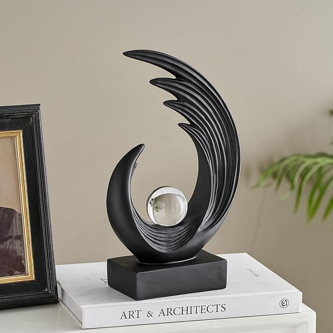 Modern Abstract Art Sculptures, Gold Entryway Table Accents, Black Shelf Decor Accents, Abstract Art Resin Sculpture for Dining Room, Office & Coffee Table – Centerpiece Fireplace Decor (Black)