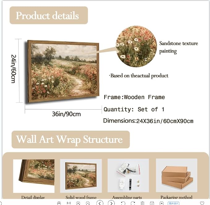 Vintage Floral Wall Art Nature Country Wildflower Wall Decor Painting Modern Botanical Flower Farmhouse Landscape Artwork 3D Textured Sandstone for Living Room Bedroom 24x36 inch Wood Framed
