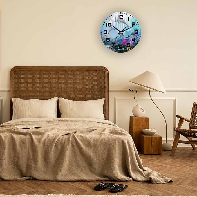 Underwater World Wall Clock 10 inch Round Silent Non Ticking Wood Wall Clocks Battery Operated Easy to Read Decorative Wall Clock for Bedroom Kitchen Living Room Bathroom