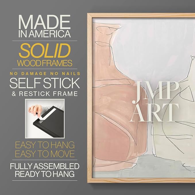 Renditions Gallery Set of 2 Peel & Stick Framed Prints, Neutral Abstract Wall Art, Soft Tones Delicate Linework Wall Decor, Re-Stickable - Ready to Hang - 16"x20" - NATURAL WOOD Frame LT588