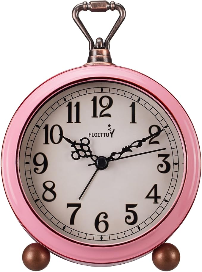FLOITTUY 4.5" Battery Operated Antique Retro Analog Metal Alarm Clock, Silent Bedside Desk Clock, Wall-Hanging Vintage Clock(Vintage Pink)