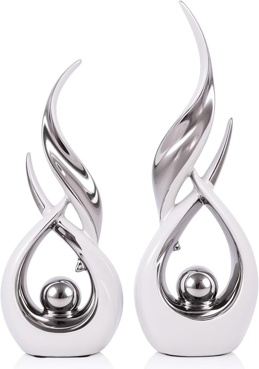 2 PCS White Silver Ceramic Statues For Home Decor Accents, Modern Abstract Art Sculptures, Elegant Tabletop Decorative Objects For Dining Room, Entryway, Tv Stand, Mantel, Coffee Table Centerpieces