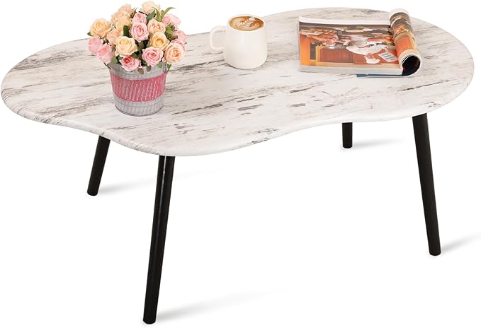 Small Coffee Table Cloud Shape Coffee Tables Unique White Wood Grain Tabletop Floor Table Farmhouse Rustic Decorative Center Sofa Table for Living Room Small Spaces