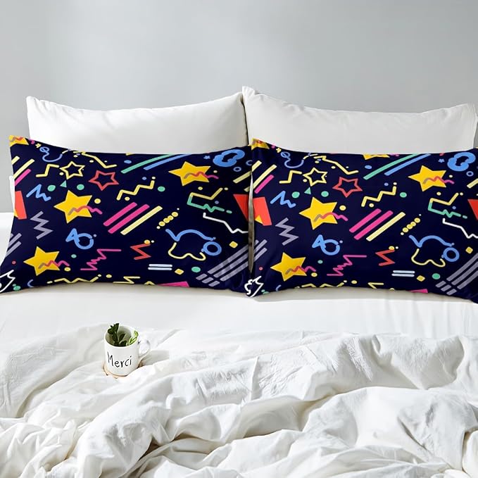 80s 90S Fashion Style Bedding Set Queen Size,Retro Memphis Style Pattern with Geometrical Shapes Duvet Cover for Kids Child,Funky Hipster Old Fashioned Comforter Cover Geometric Bedroom Decor