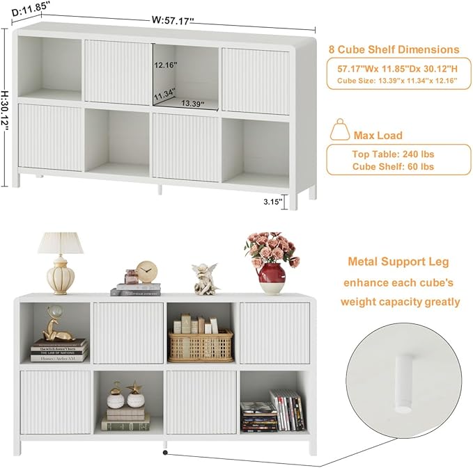 FATORRI Bookcase 8 Cube Storage Organizer, Horizontal Bookshelf with 4 Doors, Long Wooden Book Shelf for Home Office, Bedroom, Entryway (Antique White)