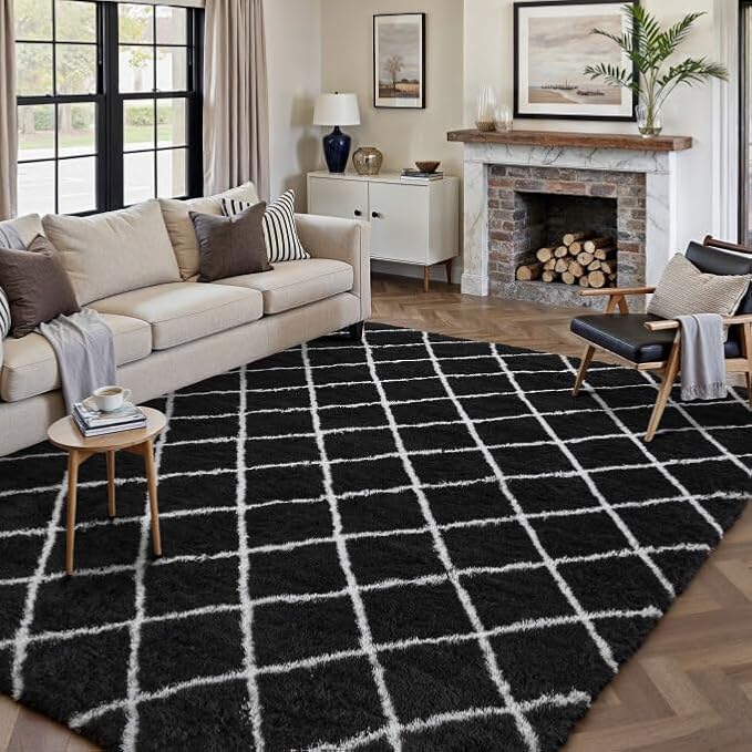 8x10 Checkered Rug for Living Room Black and White Modern Soft Area Rug Fluffy Non-Slip Carpet for Bedroom Playroom Home Aesthetic Decor
