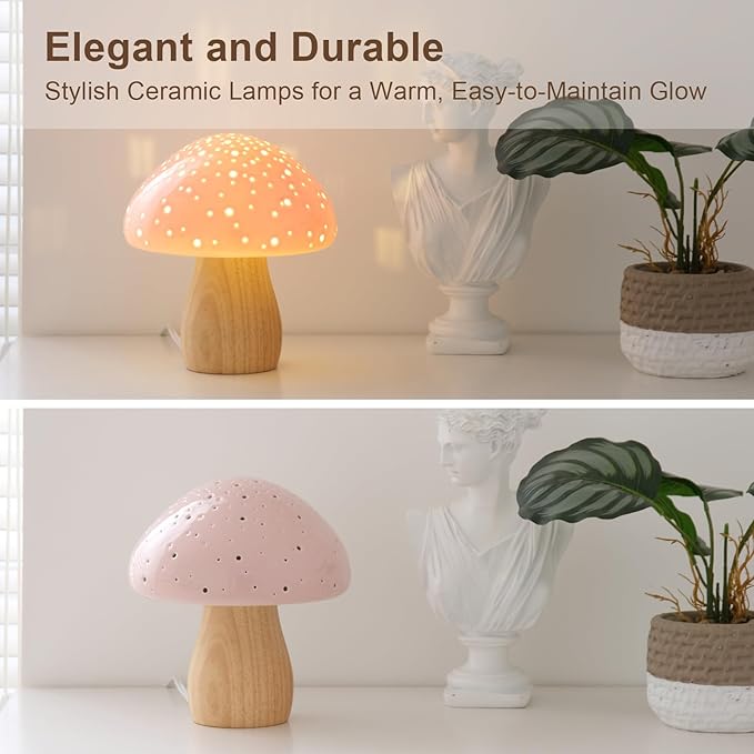 BOHON Mushroom Lamp, Ceramic Bedside Table Lamp for Bedroom Nightstand, Vintage Cute Night Light, Small Lamp for Living Room Kids Desk Home Decor Girls, LED Bulb Included, Pink