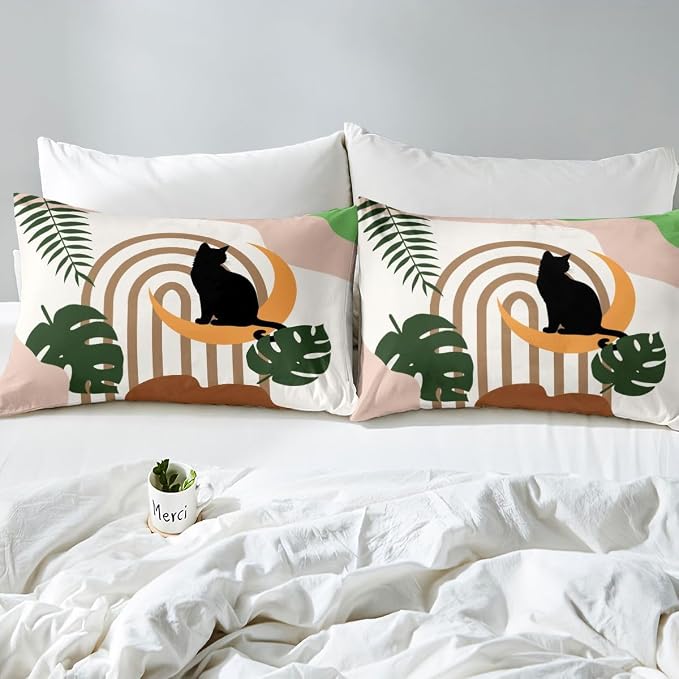 Erosebridal Funny Cat Bedding Set Full Boho Mid Century Duvet Cover Modern Abstract Minimalism Geometric Comforter Cover for Kids Girls Boys Adults Tropical Palm Leaves Bed Set
