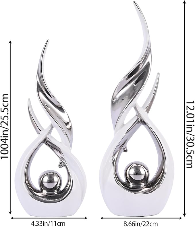DOVDOV 2-Piece Abstract White and Silver Home Decor, Ceramic Abstract Sculptures, Modern Art Pieces, Suitable for Room Coffee Tables, Office Bookshelves, Dining Table Centers, entryway Decor.
