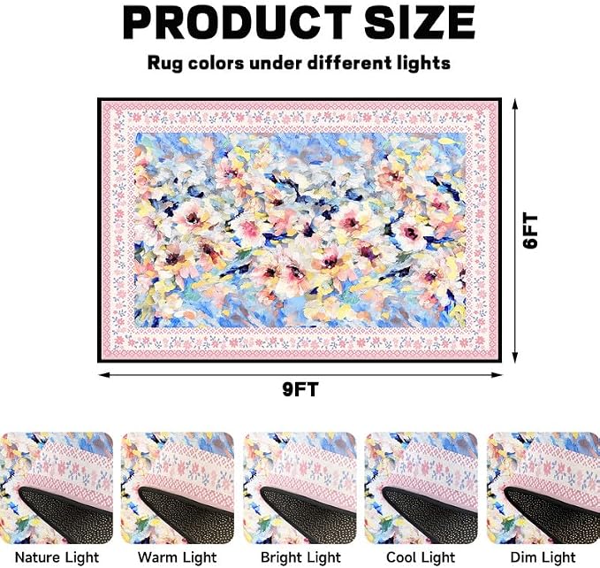 Floral Oil Painting Area Rug Watercolor Flower Print Rugs for Entryway Bedroom Living Room Nursery Kitchen Playroom Home Decor Washable Low Pile Floor Mat Carpet,6'x9'