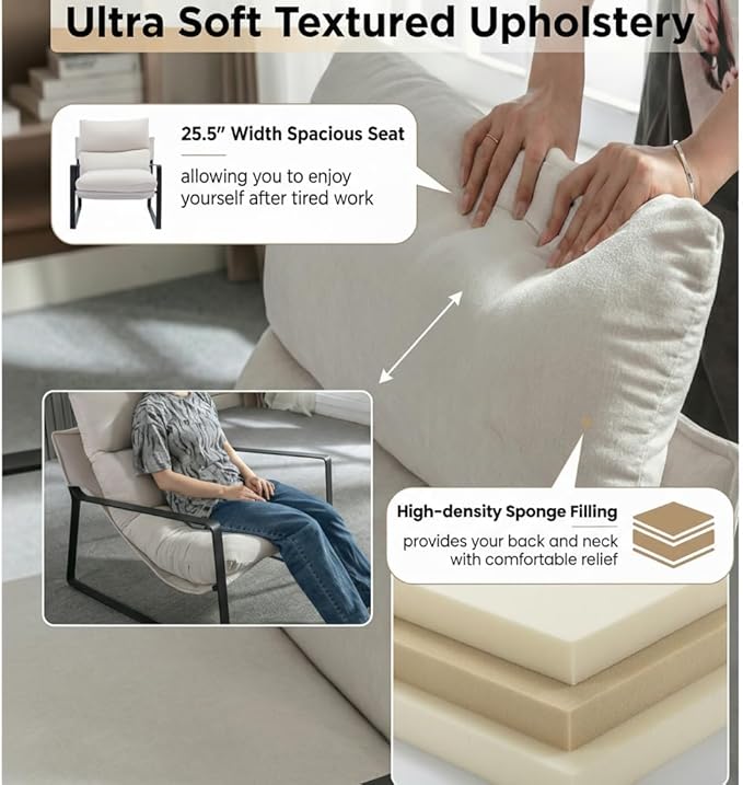 LukeAlon Modern Accent Armchairs Set of 2, Upholstered Soft Living Room Chairs with Metal Base Removable Thickened Cushion Sofa Chairs Comfy Lounge Chair for Bedroom Living Room, White Chenille