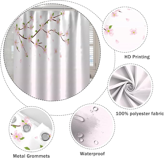 Cherry Blossom Shower Curtain Japan Pink Floral Landscape Shower Curtains for Girly Woman Bathroom Decor Accessories Waterproof Polyester Fabric with Hooks, 69 x 70 Inch
