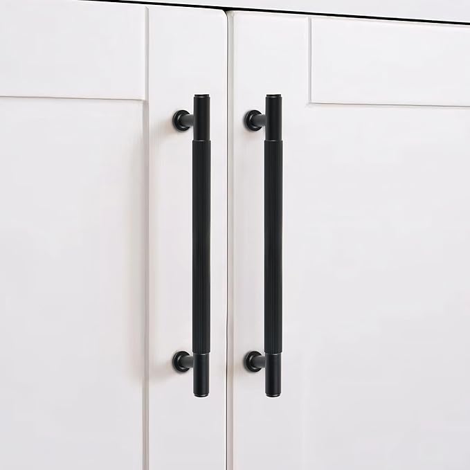 Matt Black Kitchen Cabinet Pulls, 5 Pack 6-3/10 Inch Solid Brass Drawer Dresser Handles, Modern Furniture Door Pulls for Bathroom Cabinet Cupboard Wardrobe Closet Hardware