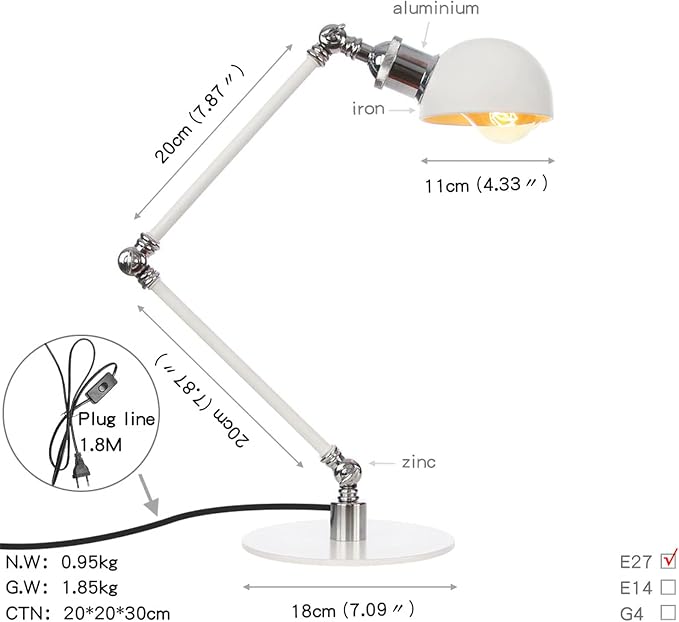 Makeup Vintage Desk Lamp, Adjustable Swing Arm Industrial Metal Task Table Lamp, Bedroom Bedside Night Light Cafe Retro Reading Lighting,White