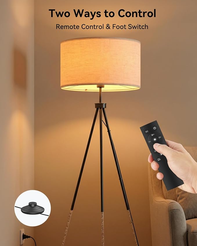 JOOFO Tripod Floor Lamp with Remote Control, Stepless Dimmable Tall Floor Lamp with Fabric Shade, Acrylic Bubble & Metal Pole Design, Modern Standing Lamp for Living Room Bedroom, Brushed Black