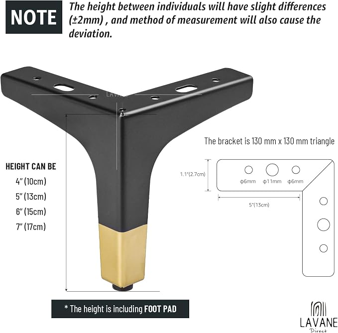 La Vane 7 Inch Metal Furniture Legs, Set of 4 - Modern Diamond Triangle Black/Gold DIY Replacement Feet Corner Legs for Cabinet, Sofa, Sideboard, Couch, Dresser Makeover