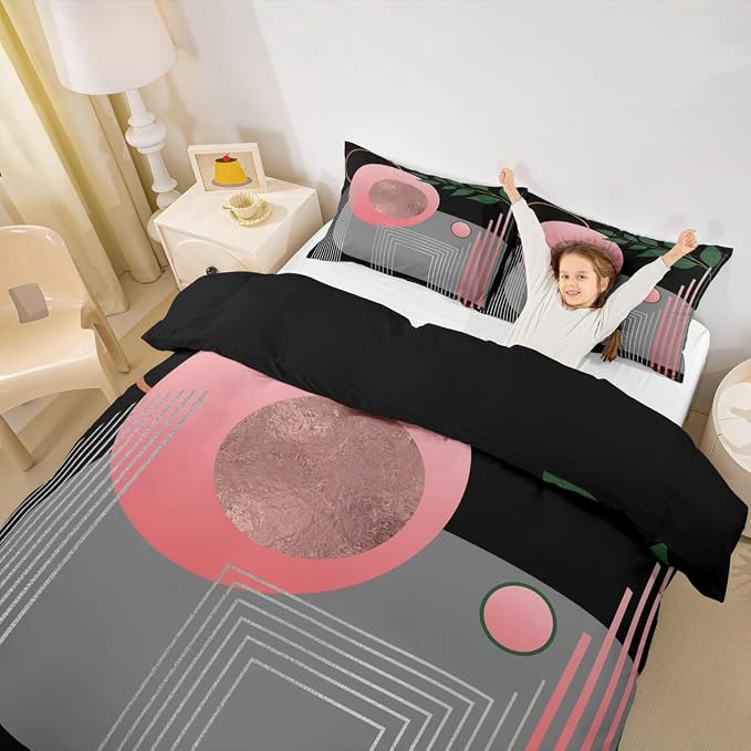 Erosebridal Boho Mid Century Duvet Cover Full Size Pink and Gray Neutral Modern Comforter Cover Geometric Abstract Bedding Set Minimalist Aesthetic Bed Set