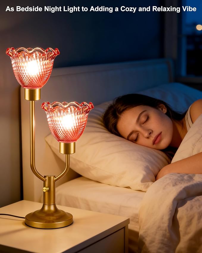 Lightdot Flower Glass Red Table Lamp Dimmable Mid Century Modern Vintage Gold Desk Lamp Nightstand Lamp 2 Bulbs Included Warmwhite Ambient Bedside Lamps for Living Room Bedroom Home Office Decor Gift