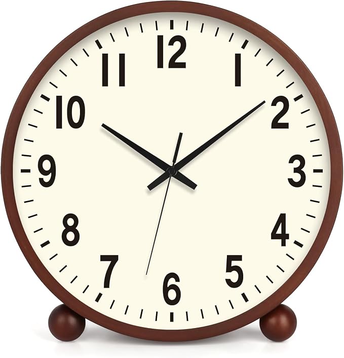 Maxspace Wooden Table Clock,8in Silent Non-Ticking Desk Clock,Battery Operated Desktop Analog Clock for Living Room Bedroom Kitchen Office Classroom Decor (Walnut - Cream Finish)