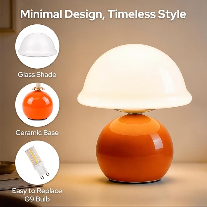Mushroom Table Lamp for Bedroom, Cozy Bedside Lamp with Glass Shade, Stepless Dimmable Nightstand Lamp for Relaxing Bedroom Decor & Aesthetic Home (Orange)
