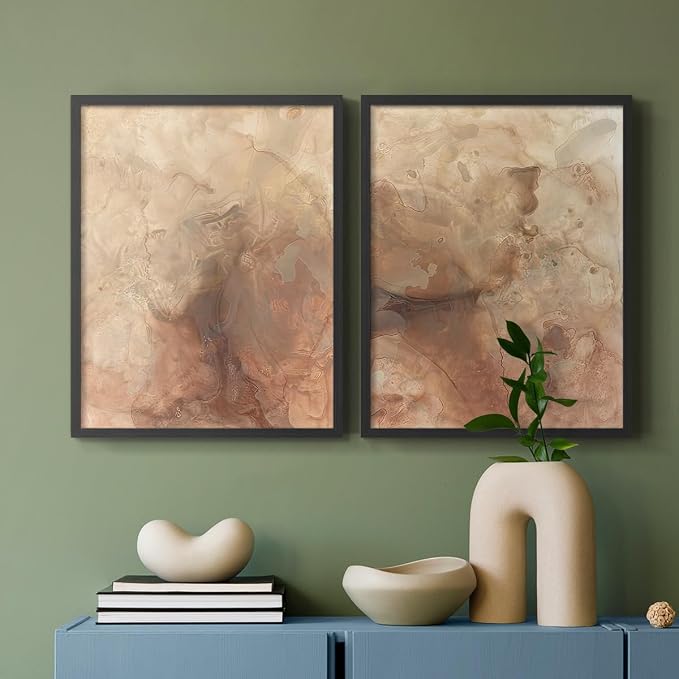 Renditions Gallery Set of 2 Peel & Stick Framed Prints, Abstract Wall Art, Brown Textured Marble Design Re-Stickable - Ready to Hang - 22"x28" - Black Frame LT588