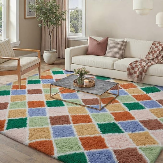 5x8 Checkered Rug for Bedroom Colorful Modern Soft Area Rug Fluffy Non-Slip Carpet for Living Room Playroom Home Aesthetic Decor