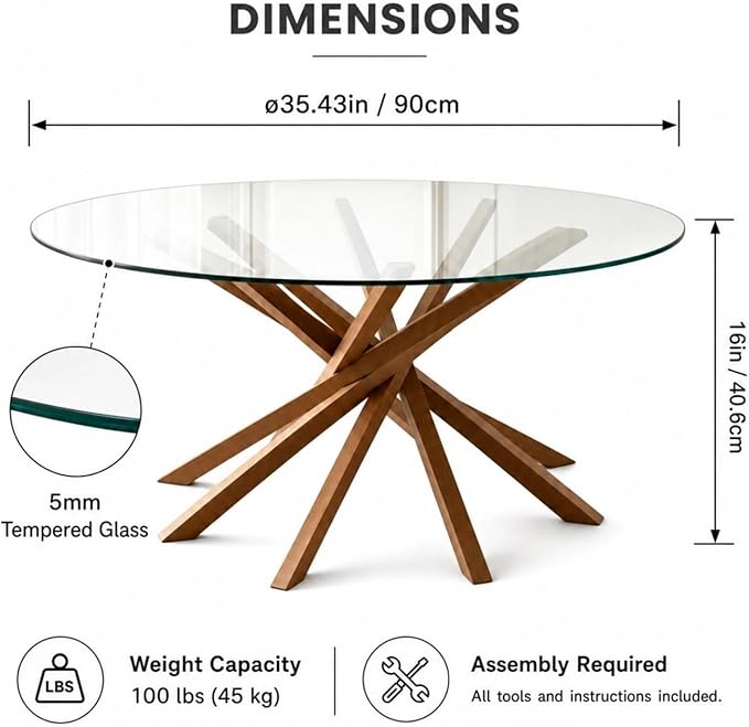 Round Glass Coffee Table-Mid Century Modern Circle Coffee Table with Unique Solid Wood Mortise Interlocking Starburst Legs Design for Living Room,Office,Hotel Lobby,Commercial Environments