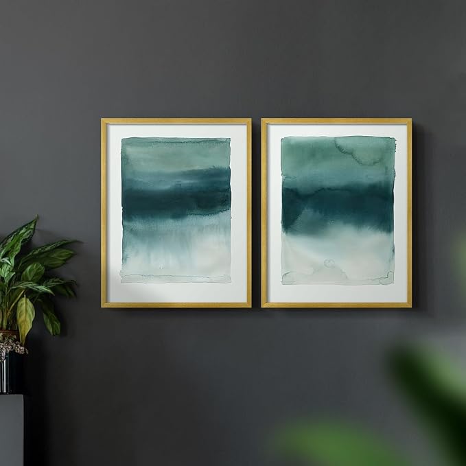 Renditions Gallery Set of 2 Peel & Stick Framed Prints, Tie Dye Abstract Wall Art, Sage Green Watercolor Horizon Wall Decor, Re-Stickable - Ready to Hang - 16"x20" - GOLD Frame LT588