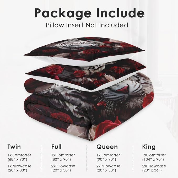 WeCozy Twin Size Comforter Set with Pillowcase, White Tiger Wild Animal 2 Pcs Bedding for Kids and Adults, Beautiful Red Rose Flower Soft Comforter Set for Bedroom Bed Decor