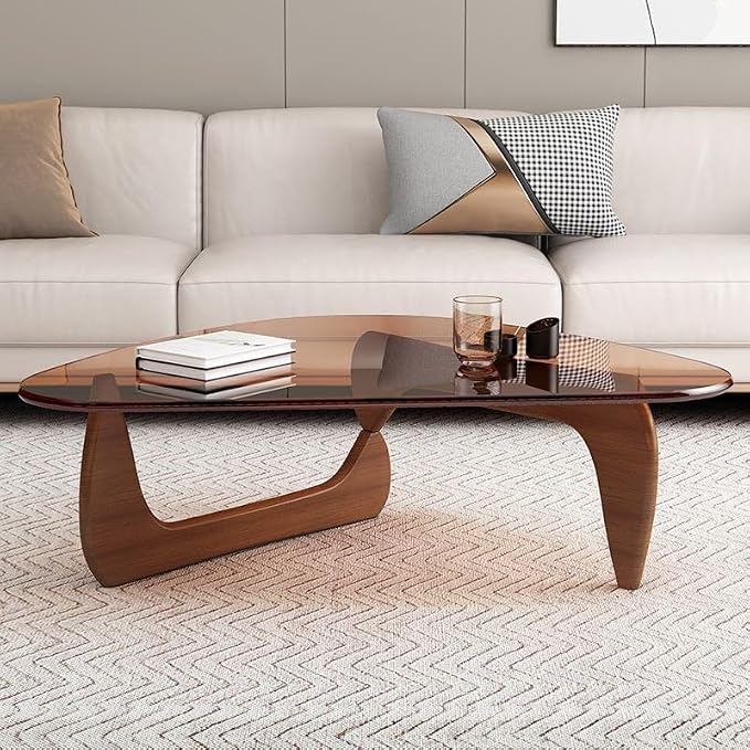 Modern Glass Coffee Table for Living Room, Small mid Century Coffee Table, Stylish Coffee Tables Suitable for Bedroom Living Room Reception Office Tables (Walunt+Brown, Small 32.6in)