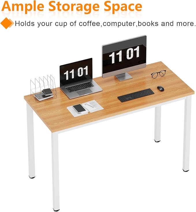 Need Computer Desk, 47 inch Home Office Desk, Modern Simple Style Home Office Gaming Desk, Basic Writing Table for Study Student, White Metal Frame, Teak Tabletop