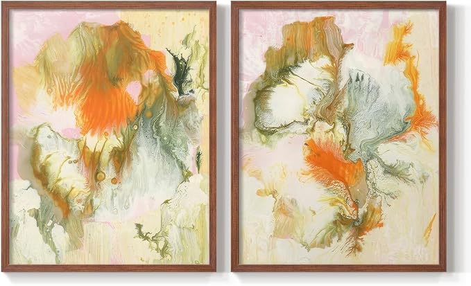 Renditions Gallery Set of 2 Peel & Stick Framed Prints, Modern Abstract Wall Art, Mix Color Oil Paint Design Wall Decor, Re-Stickable - Ready to Hang - 22"x28" - Walnut Frame LT588