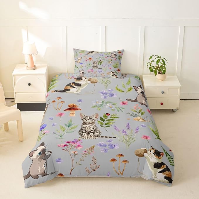 Erosebridal Cute Cat Duvet Cover Twin Lovely Kitten Cat Lovers Bedding Set Boho Watercolor Floral Comforter Cover for Kids Girls Boys Adults Kawaii Pet Animal Bed Set